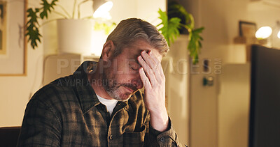 Buy stock photo Frustrated, businessman and night with headache for stress, overworked or pressure in office. Man, employee or working late with migraine or anxiety on computer for fatigue or burnout in workplace