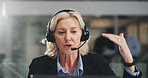 Woman, agent or laptop with headset for finance advice or customer service in call center office. Mature person, consultant or financial advisor with computer for online inquiry or virtual assistance