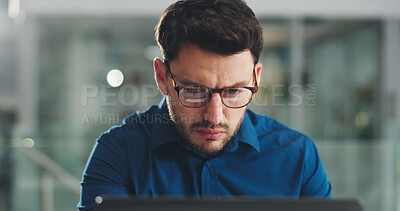 Buy stock photo Laptop, reading and glasses with business man in office for research, payroll manager and audit report. Planning, budget review and accounting firm with person in agency for tax benefit and email