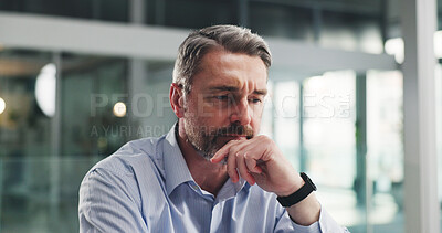 Buy stock photo Thinking, ideas and mature businessman in office with doubt for decision, choice or solution on project. Unsure, question and male corporate employee with stress, planning or reflection in workplace.