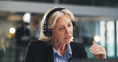 Buy stock photo Woman, consultant or laptop with headset for finance advice or customer service in call center office. Mature person, agent or financial advisor with computer for online inquiry or virtual assistance
