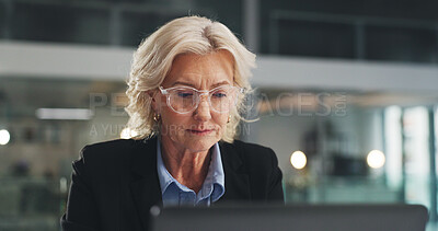 Buy stock photo Mature woman, computer and review at office with perspective, insight or proposal at insurance company. Person, pc and notification with contact on web, feedback or risk management career at agency