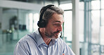 Man, agent or laptop with headset for finance advice or customer service in call center office. Mature person, consultant or financial advisor with computer for online inquiry or virtual assistance