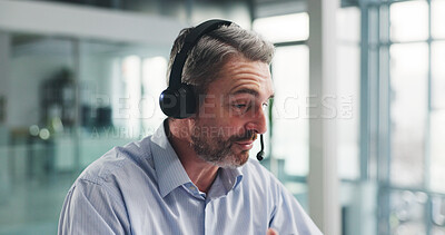 Buy stock photo Man, agent or laptop with headset for finance advice or customer service in call center office. Mature person, consultant or financial advisor with computer for online inquiry or virtual assistance