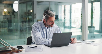 Buy stock photo Businessman, writing and document in office for payroll, finance agenda or budget audit. Mature person, laptop and paperwork for financial planning, funding information and investment solution