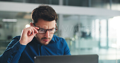 Buy stock photo Laptop, research and glasses with business man in office for reading, payroll manager and audit report. Planning, budget review and accounting firm with person in agency for tax benefit and email
