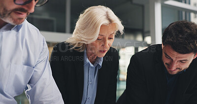Buy stock photo Woman, team and discussion at meeting, planning and insight for policy review at insurance agency. Business people, group and talk for problem solving, feedback or risk management solution at company