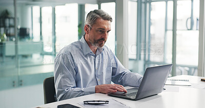 Buy stock photo Laptop, planning and typing with business man in office for research, payroll manager and audit report. Reading, budget review and accounting firm with mature person for tax benefit and email