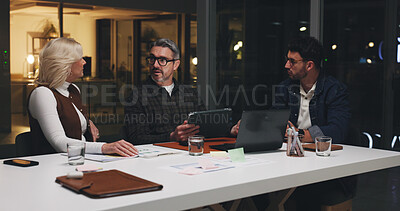 Buy stock photo Business people, tablet and workshop at night for brainstorming, schedule or project deadline. Group, employees or team working late with technology for creative development or agenda in office