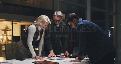 Buy stock photo Business people, tablet and teamwork at night for brainstorming, schedule or project deadline. Group, employees and working late with technology for creative development or agenda review in office