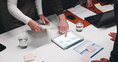 Buy stock photo Business people, hands and meeting with tablet for statistics, analytics or progress in office. Top view, group or employees pointing with technology display, graph or chart for performance review