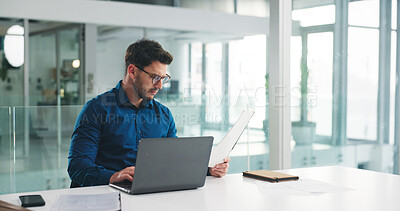 Buy stock photo Laptop, reading and documents with business man in office for research, payroll manager and audit report. Planning, budget review and accounting firm with person in agency for tax benefit and email