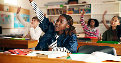 Buy stock photo Hands up, education and student in classroom with question, answer or knowledge in academic quiz. Learning, gesture and people in school with course assessment, test and exam for skills development.