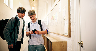 Buy stock photo Friends, online and people in school with technology, education and together in hallway. Happy, teenager and students in corridor with phone, academic and sharing successful exam results. 