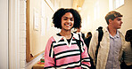 Happy, education and portrait of girl in high school hallway for learning, scholarship and knowledge. Smile, student opportunity and academy with person or teenager on campus for future and growth