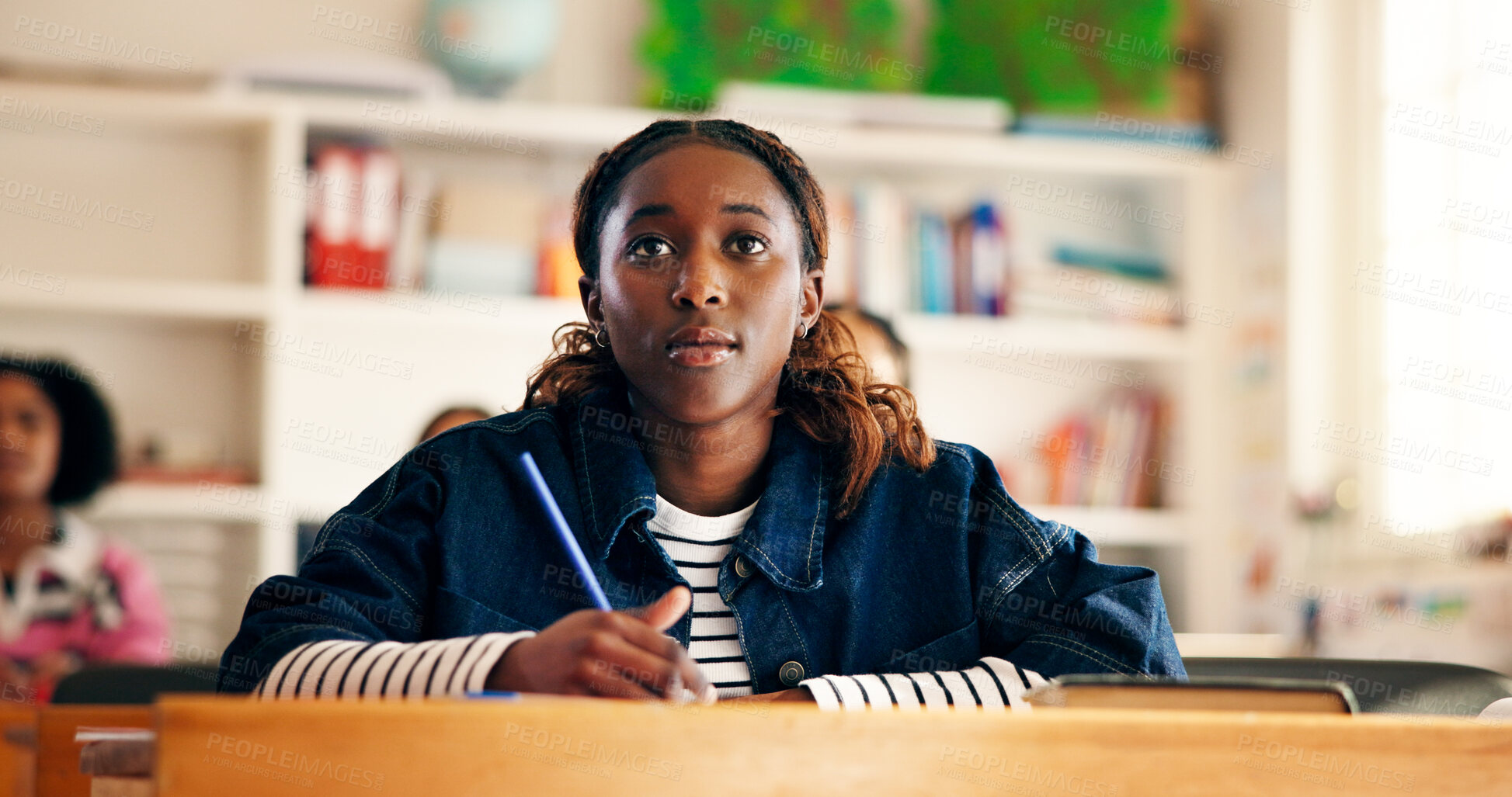 Buy stock photo Education, listening and girl in classroom, student and academic lesson with knowledge. High school, teenager and development with growth, learning and assessment with scholarship and studying