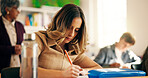 Girl, students and writing notes in classroom for education, lesson revision and quiz. Learner, teenager and learning for high school assignment, study process and information for academic curriculum