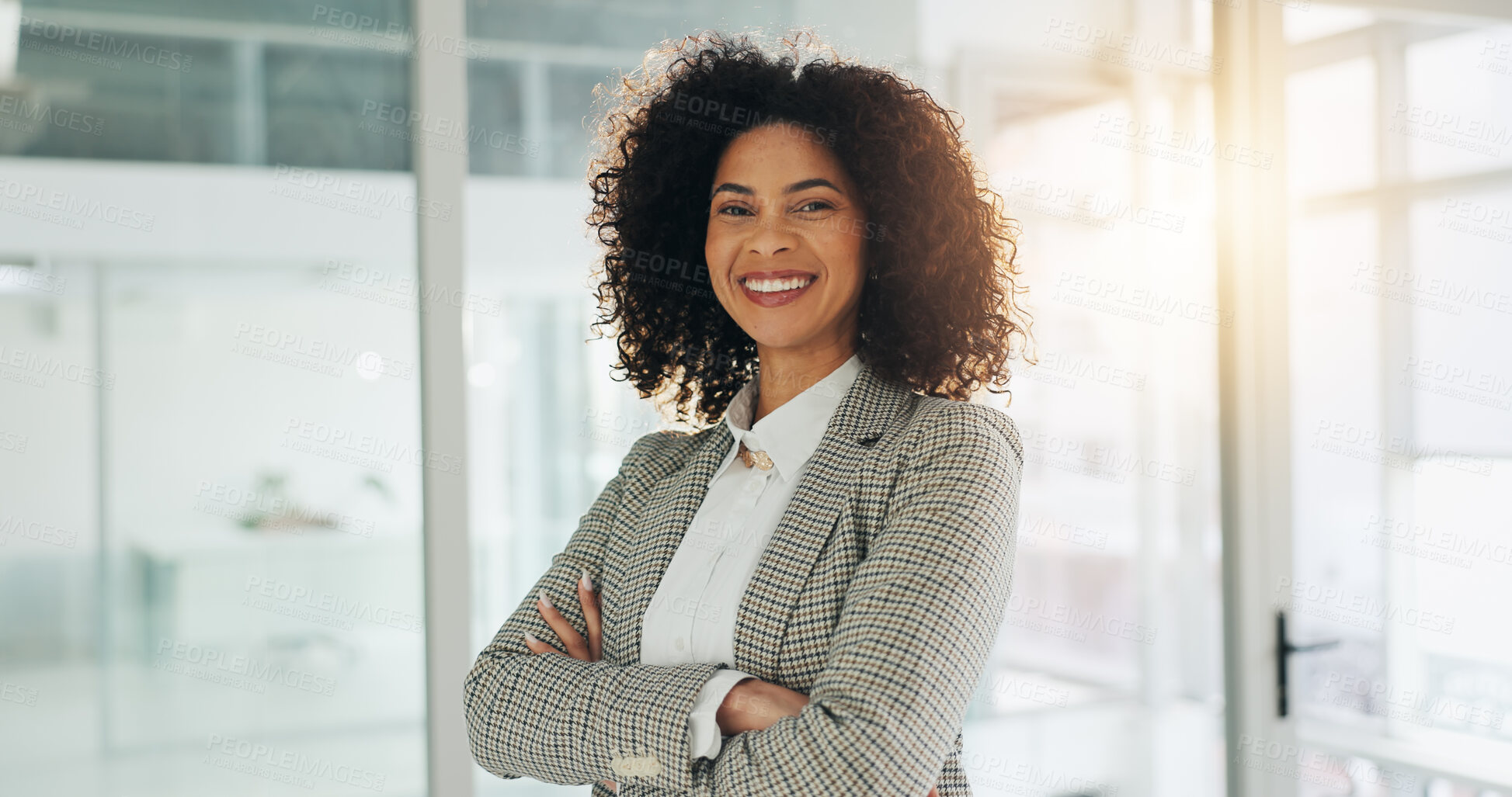 Buy stock photo Portrait, business or woman in office with confidence, leader or space in public relations. Happy, empowerment or African person in corporate with arms crossed, management or professional in industry