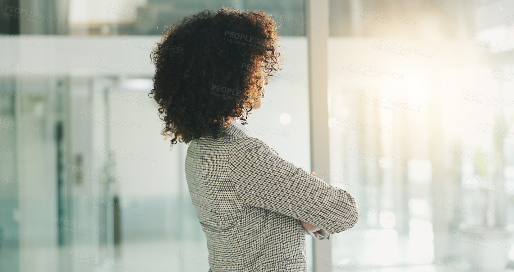Buy stock photo Thinking, business and woman in office with arms crossed, planning and ideas for project management. Lens flare, confident or female person in workplace with reflection, vision or insight in company