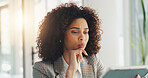 Thinking, online and woman with tablet in office, financial analyst and plan for career development. Corporate, accountant and African person with tech for business growth, reflection and serious