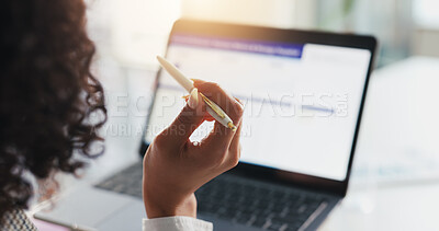 Buy stock photo Hand, pen and businesswoman with laptop screen, thinking or inspiration for blog in office. Computer, thoughts and copywriter in workplace with idea, problem solving or reading notes for article