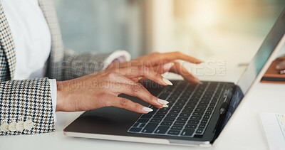 Buy stock photo Hands, business woman and typing on laptop for research, finance report or payroll system. Person, computer and agenda for financial review, administration or planning update in accounting office