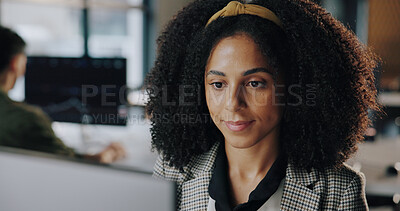 Buy stock photo Computer, reading and businesswoman in office for planning with stock market for finance report. Technology, typing and financial broker with investment proposal for company trading in workplace.
