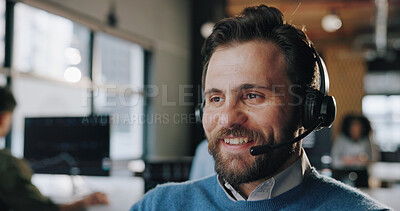 Buy stock photo Headset, happy and man call center consultant in office with crm, communication or contact us. Smile, mic and male technical support agent with online consultation for customer service in workplace.