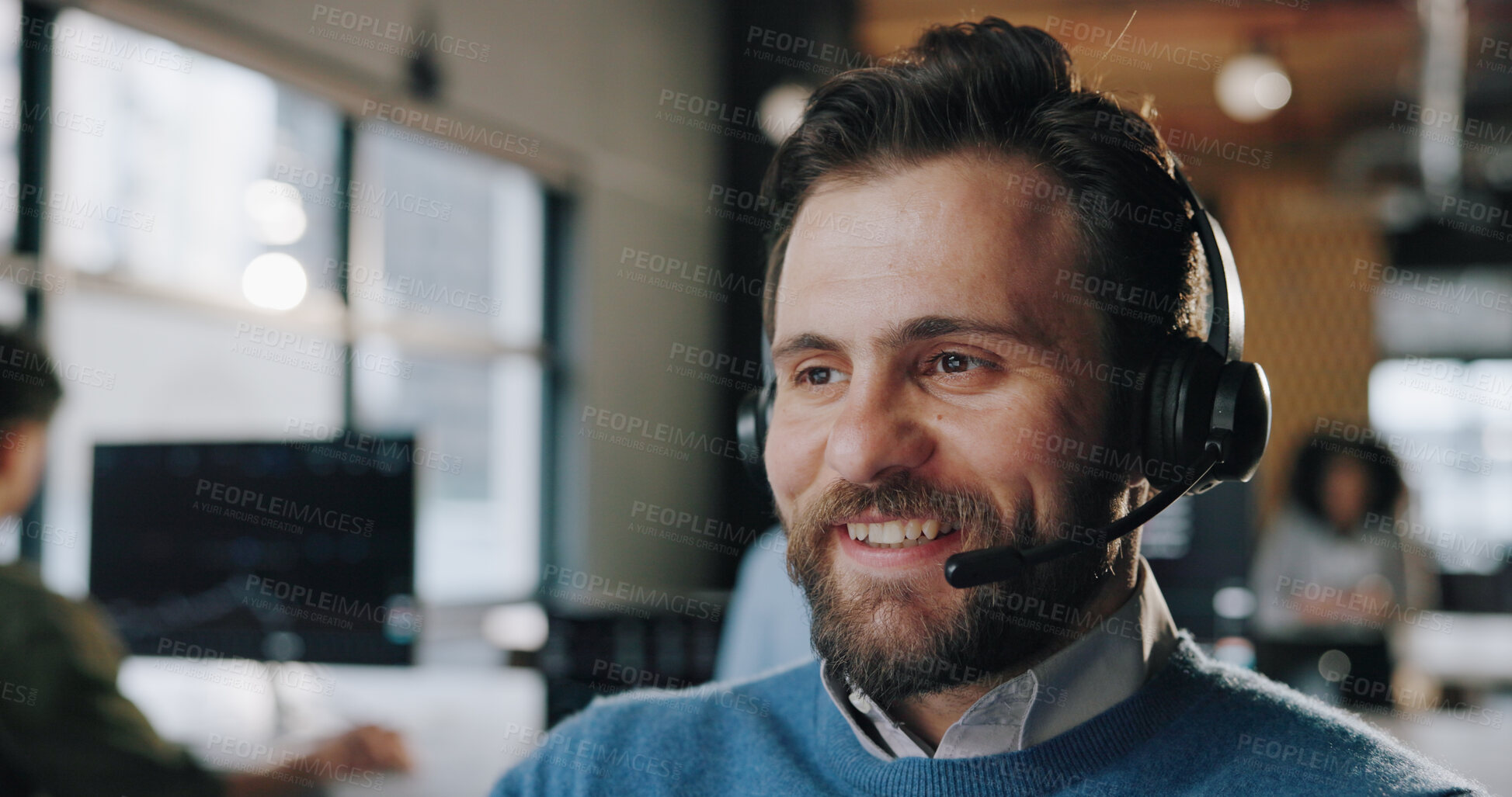 Buy stock photo Headset, happy and man call center consultant in office with crm, communication or contact us. Smile, mic and male technical support agent with online consultation for customer service in workplace.