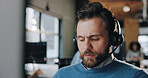 Headset, fatigue and man call center consultant in office with crm, communication or contact. Tired, mic and male technical support agent with burnout for customer service consultation in workplace.