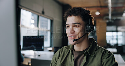 Buy stock photo Headset, talking and man call center consultant in office with crm, communication or contact us. Smile, mic and male technical support agent with online consultation for customer service in workplace