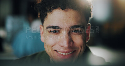 Buy stock photo Business, online reading and man with smile, internet and newsletter for company website. Creative agency, employee and person in workplace, face and happiness with positive review, email or feedback