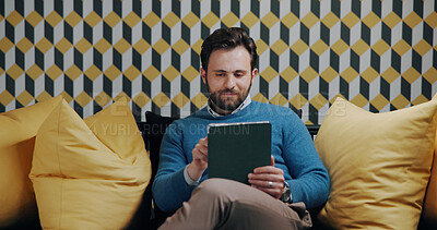 Buy stock photo Businessman, creative and research with tablet on sofa for web design, online report or analysis. Man, employee or digital designer with technology on couch for company creativity in lounge suite