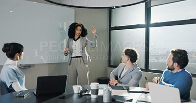 Buy stock photo Business, people and speaker at whiteboard in workshop for growth projection, budget planning or stats. Financial analyst, team and coach with meeting in office for investment strategy and feedback