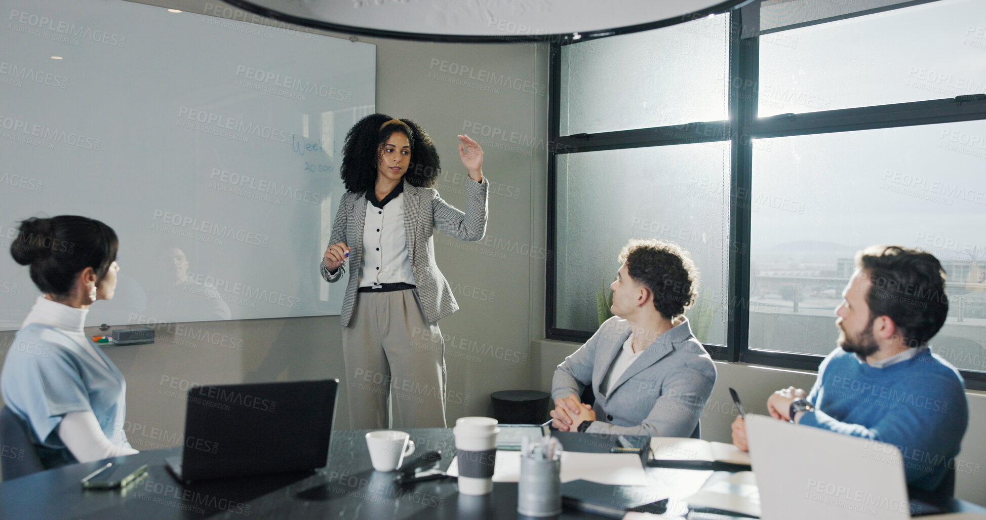 Buy stock photo Business, people and speaker at whiteboard in workshop for growth projection, budget planning or stats. Financial analyst, team and coach with meeting in office for investment strategy and feedback