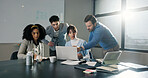 Discussion, laptop and business people in office with planning for creative project in collaboration. Teamwork, computer and group of magazine editors with article for online publishing in workplace.