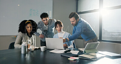 Buy stock photo Discussion, laptop and business people in office with planning for creative project in collaboration. Teamwork, computer and group of magazine editors with article for online publishing in workplace.