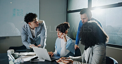 Buy stock photo Collaboration, laptop and business people in office with planning for creative project in meeting. Teamwork, computer and group of magazine editors with article for online publishing in workplace.