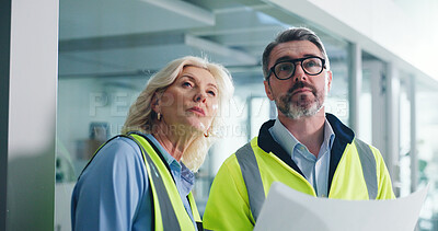 Buy stock photo Thinking, architect and mature team with blueprint, inspection or planning for property development. Engineer, woman and man with document for architecture, renovation and building construction