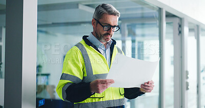 Buy stock photo Planning, architect and mature man with blueprint, real estate and serious for property development. Engineer, project and person with document for architecture, renovation and building construction