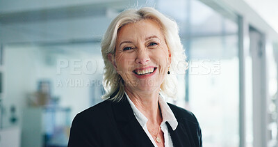 Buy stock photo Business woman, portrait and CEO at office with smile for professional growth, corporate career and ambition. Happy director, boss or mature manager with pride and about us for company development