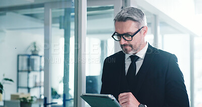 Buy stock photo Glasses, tablet and digital with business man in office for stock broker, research and investment report. Portfolio manager, planning and account budget with mature person for online trading