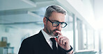 Thinking, tablet and mature businessman in office with ideas for finance report with budget planning. Technology, decision and male financial advisor with online investment proposal in workplace.