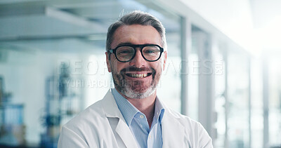 Buy stock photo Happy, lobby and portrait of doctor in hospital with confidence for medical support career. Smile, about us and professional mature male healthcare worker from London with pride for job in clinic.