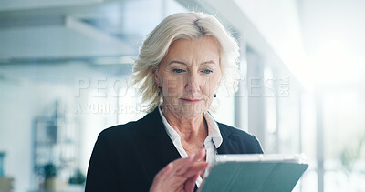 Buy stock photo Browsing, online and woman with tablet in office, realtor or plan for listing on web or real estate. Scroll, info and mature person with tech for property research, read or preparing for virtual tour