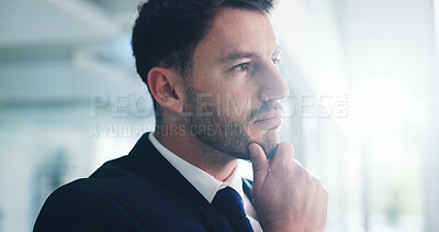 Buy stock photo Business man, thinking or ideas at office with corporate vision, insight or inspiration with flare space. Perspective, reflection or ponder professional future with male employee in workplace