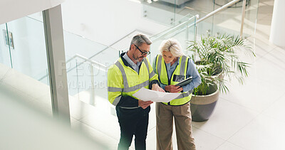 Buy stock photo Real estate, architect and people with blueprint in office, property development or team with ideas. Civil engineer, woman and man with document for architecture, above and discussion for renovation