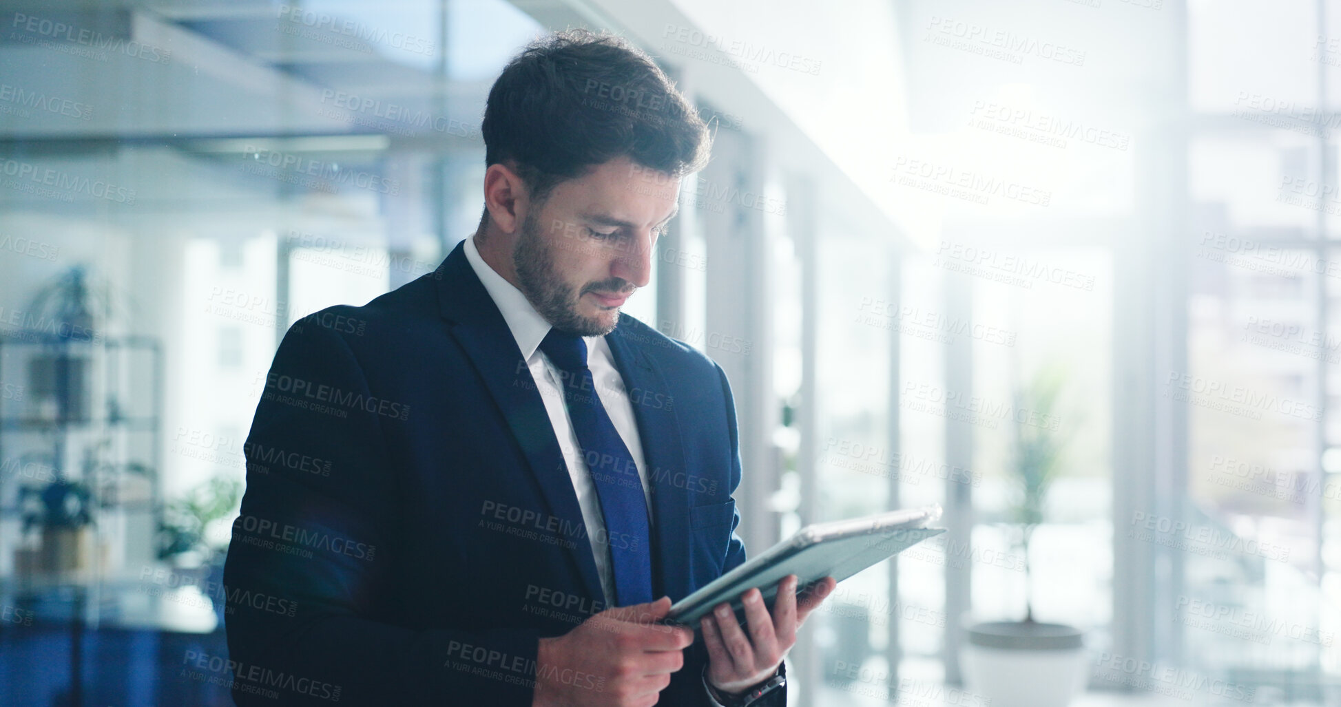 Buy stock photo Reading, tablet and planning with business man in office for stock broker, research and investment report. Portfolio manager, digital and account budget with person in agency for online trading