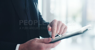 Buy stock photo Scroll, tablet and hands with business man in office for stock broker, research and investment report. Portfolio manager, planning and account budget with person in agency for online trading