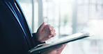 Hands, businessman and tablet in office for internet planning, app and connection. Professional person, tech and scroll for online research, communication or networking email at corporate workplace